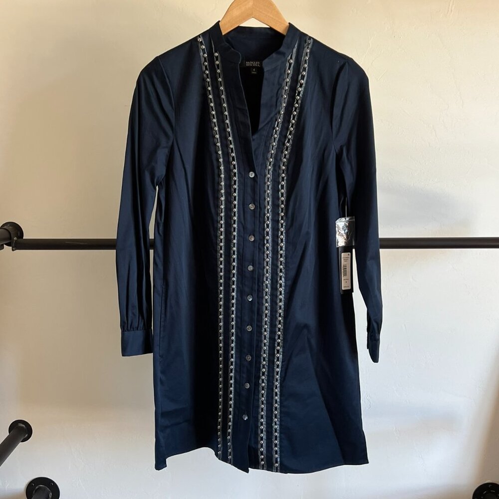 NWT Badgley Mischka Navy Blue & Silver Shirt Dress with Pearls 4